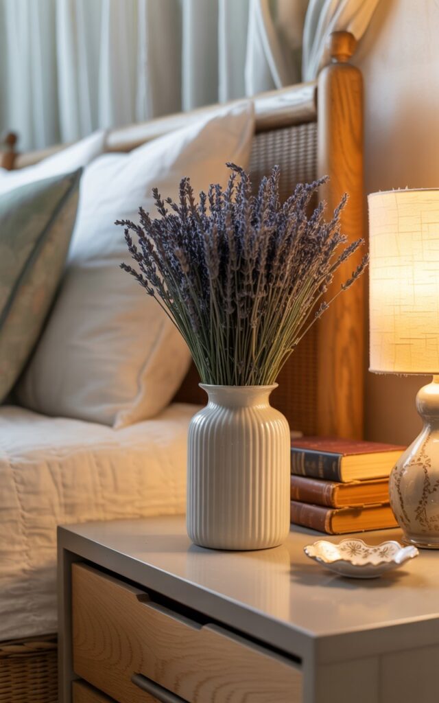 A close-up photograph of a ribbed milk glass vase filled with dried lavender stems, sitting elegantly on a sleek wooden nightstand in a French country-style bedroom. The vase's textured surface catches gentle light, while the purple-gray lavender sprigs create a beautiful contrast against the creamy white glass and warm honey-toned wood. Surrounding the vase, a small stack of leather-bound vintage books, a delicate ceramic table lamp with a warm ivory shade, and a small porcelain trinket dish complete the nightstand's charming arrangement. The background softly blurs to reveal glimpses of linen bedding in cream and sage tones, rustic wooden beams, and flowing curtains that filter natural light into a dreamy, serene atmosphere.
