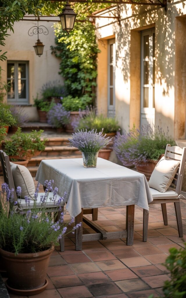 A photograph of a charming French country-style patio bathed in the warm glow of the late afternoon sun. A weathered wooden table, adorned with a simple linen tablecloth and a vase of freshly cut lavender, sits centrally on terracotta tiles. Cushioned chairs with soft, cream-colored textiles are arranged invitingly around the table, while strategically placed pots of jasmine and lavender burst with vibrant purple and green hues. The patio is softly illuminated by wrought iron lanterns casting intricate shadows across the scene.