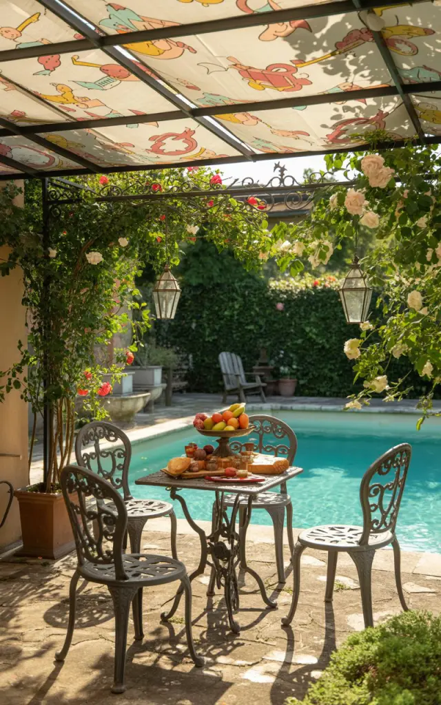 A photograph of a French country-style backyard patio overlooking a tranquil swimming pool. The patio features four intricately designed wrought-iron chairs gathered around a small, weathered wooden table laden with a vibrant assortment of fresh fruits, cheeses, and crusty bread. A retractable canopy with a playful cartoon print of whimsical animals stretches overhead, casting dappled shadows across the space framed by climbing roses and vintage lanterns. Lush greenery and the clear turquoise water of the pool create a serene and sun-dappled retreat, bathed in the warm glow of the late afternoon sun.