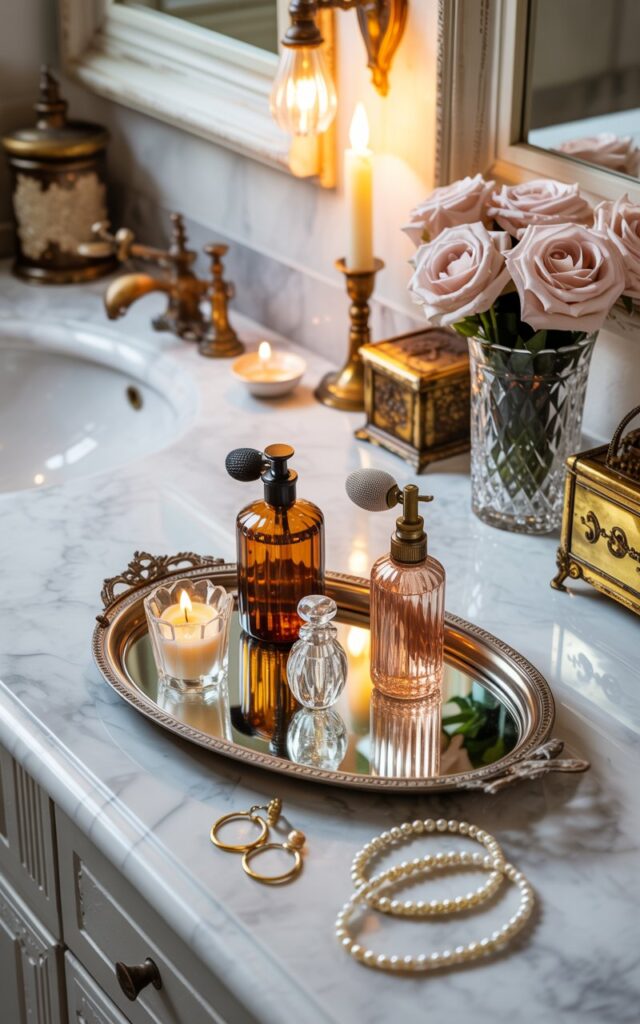 A photograph of an elegant French country-style bathroom vanity featuring a pristine white marble countertop with subtle gray veining. At the center sits an ornate mirrored tray with delicate scalloped edges, artfully arranged with two amber glass perfume bottles of varying heights, one crystal atomizer, a flickering vanilla candle in a cut-glass holder, and scattered gold hoop earrings alongside lustrous pearl drops. Soft, warm light emanates from an antique brass wall sconce, casting a romantic glow across the marble surface and illuminating a crystal vase filled with blush pink roses, vintage brass trinket boxes, and gilded picture frames. The scene exudes timeless French elegance with its harmonious blend of creamy whites, soft golds, and gentle amber tones.