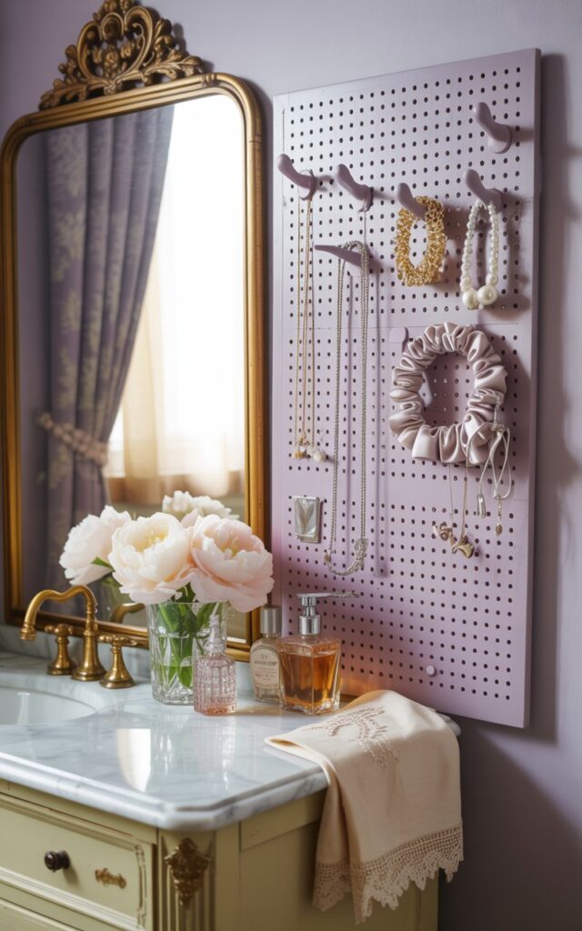 A photograph of an elegant French country-style bathroom showcasing a small pegboard wall mounted beside a vintage vanity, displaying delicate jewelry including gold chains, pearl bracelets, and silk scrunchies. The pegboard is painted in a soft lavender-gray tone that harmonizes with the room's romantic aesthetic, while the vanity features a pristine Carrara marble countertop and an ornate gilt-framed mirror with intricate baroque details. Brass fixtures gleam warmly against the backdrop, accompanied by charming touches like a crystal vase filled with white peonies, vintage glass perfume bottles, and ivory lace-trimmed towels draped nearby. Soft natural light filters through sheer curtains, casting a gentle glow that enhances the timeless French countryside elegance and creates an atmosphere of organized sophistication.