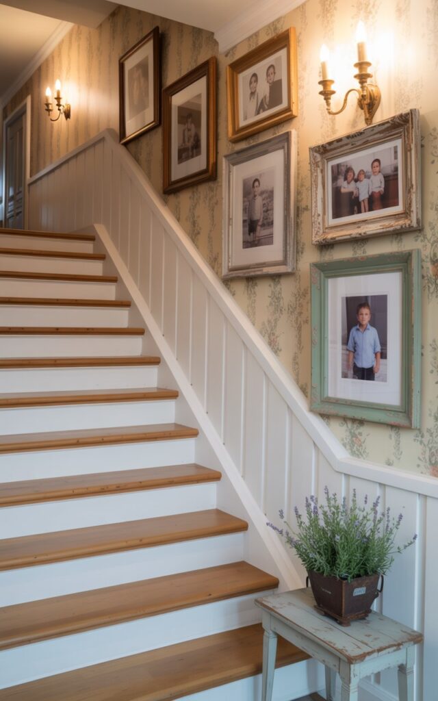 A charming French country-style hallway featuring a wooden staircase with light oak treads, crisp white risers, and a simple rustic wooden railing. Along the staircase wall, a carefully curated gallery of 3-4 family photographs are displayed in mismatched frames of varying sizes, combining distressed weathered wood and soft sage green and cream painted finishes. The walls are adorned with delicate floral wallpaper in muted tones, accented by elegant brass wall sconces that cast a warm, golden glow throughout the space. Vintage furnishings including a small weathered side table with fresh lavender sprigs, along with the soft ambient lighting, create an inviting atmosphere that perfectly captures the timeless elegance of French countryside living.