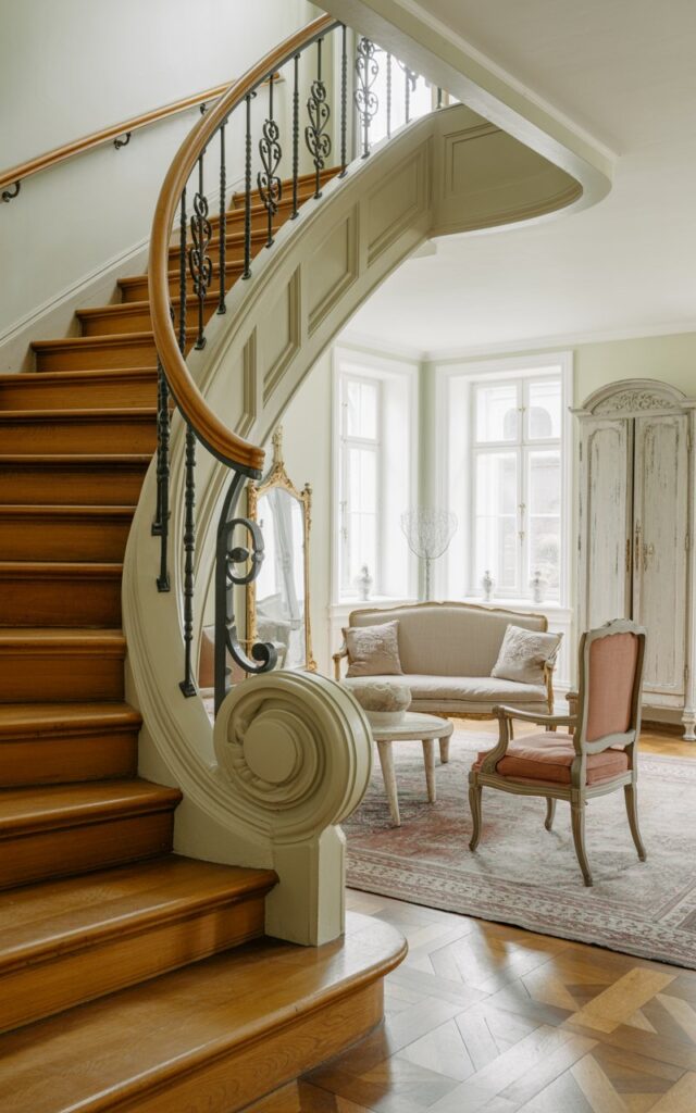 A Gustavian-style living room interior showcasing an elegant curved staircase as the central focal point, with polished honey-oak wooden treads and pale cream-painted risers. The gracefully curved railing features soft cream paint with delicate carved flourishes and ornate molding details, complemented by slender black metal spindles with intricate scrollwork and botanical motifs. The living space surrounds the staircase with classic Gustavian furniture including a linen-upholstered settee, distressed white armoire, and vintage bergère chairs in muted sage green and dusty rose tones. Antique gilt mirrors reflect natural light streaming through tall windows, while layered Persian rugs, embroidered throw pillows, and sheer lace curtains complete the refined, airy atmosphere of timeless Scandinavian elegance.