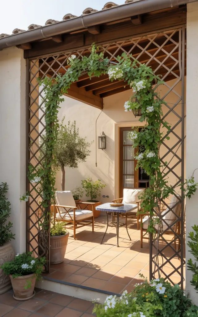 A photograph of a serene Mediterranean-style backyard patio attached to a home, bathed in the warm glow of the afternoon sun. A striking geometric trellis archway with vibrant green vines and delicate white flowers climbs through its intricate pattern, framing the patio entrance. Terracotta tiles cover the patio floor, complemented by rustic wooden beams and elegant wrought-iron accents, while cushioned lounge chairs, a mosaic-tiled table, and a potted olive tree create an inviting atmosphere. Sunlight filters through the trellis, casting dappled shadows across the space and highlighting the vibrant colors of the flowers and foliage.