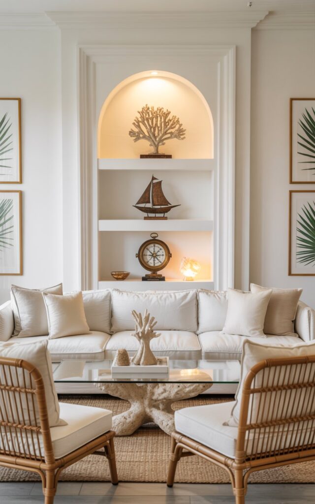 A sophisticated Modern Palm Beach-style living room showcasing a pristine white sectional sofa beneath an elegantly recessed wall niche. The illuminated niche displays four carefully curated objects: a vintage coral sculpture, a small bronze sailing vessel, an antique brass compass, and a delicate mother-of-pearl box, all bathed in warm spotlight that creates dramatic shadows against the crisp white backdrop. A sleek glass-top coffee table sits atop a natural jute rug, flanked by rattan accent chairs with ivory linen cushions, while palm frond artwork in gold frames adorns the adjacent walls. The space is suffused with soft natural light filtering through sheer curtains, highlighting the room's luxurious blend of coastal elegance and contemporary refinement.