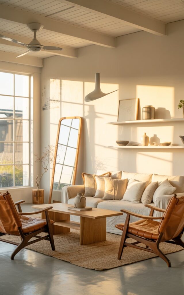 A bright, airy living room that beautifully blends Scandinavian minimalism with Americana warmth, featuring clean lines and rustic charm. A large rectangular mirror with a simple wooden frame leans casually against the far wall, positioned opposite a floor-to-ceiling window that floods the space with golden sunlight. The neutral-toned linen sofa is adorned with woven throw pillows in cream and soft gray, paired with a natural oak coffee table and vintage leather armchairs in warm cognac brown. A textured jute rug anchors the seating area, while minimalist floating shelves display ceramic pottery and small plants, and a white false ceiling houses a modern ceiling fan alongside a sleek pendant light that casts gentle shadows across the space.