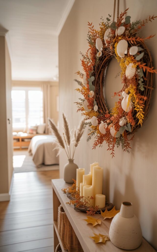 A photograph of a sun-drenched hallway in a Scandi-coastal style home, leading towards a partially visible bedroom door. The hallway’s focal point is a large, intricately arranged wreath adorned with vibrant fall foliage and delicate seashells, hanging centered on a beige wall. Light wooden floors stretch towards the background, where a narrow console table holds a collection of ivory candles and hand-thrown ceramic vases, complemented by sprigs of dried pampas grass and scattered autumn leaves. Soft, warm lighting streams in from a distant window, creating a cozy and inviting ambiance while highlighting the hallway’s minimalist woven textures and breezy coastal touches.