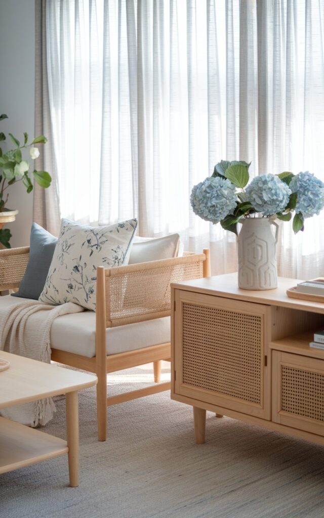 A photo of a Scandi + cottagecore living room with a soft, serene aesthetic and cozy minimalism. The room has light wood furniture with clean lines and woven textures. There's a floral print pillow and a cozy throw on the sofa. A simple patterned white ceramic vase holds fresh blue hydrangeas on the TV console. The room has subtle cottage-inspired details. Natural light streams through sheer curtains, creating a calm, airy atmosphere.