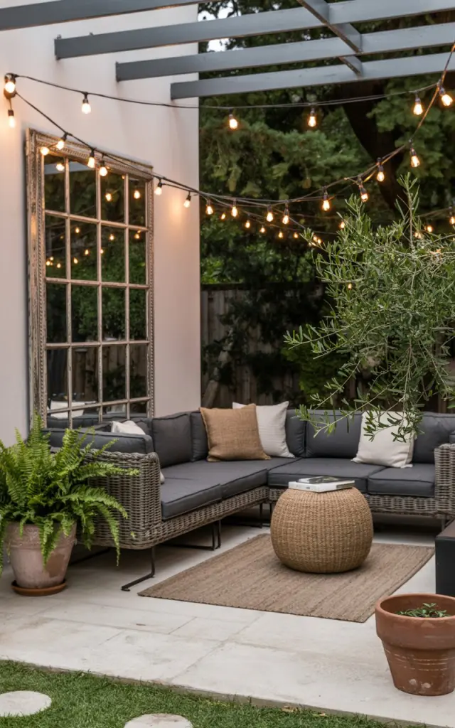 A photograph of a stylish backyard patio designed with Scandi and rustic elements. A comfortable, deep gray sectional sofa with woven throw pillows and a textured jute rug occupies the center of the patio. A large, antique-style mirrored panel on one wall reflects the surrounding greenery and the soft glow of string lights draped across a pergola overhead. The patio floor is paved with light-colored stone, and several terracotta pots filled with ferns and olive trees add a touch of warmth to the serene setting.