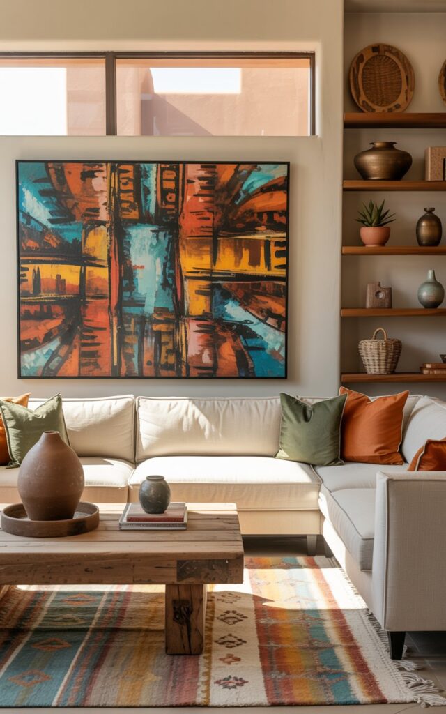A contemporary Southwestern-chic living room showcasing a large, vibrant abstract painting with bold geometric patterns in terracotta, turquoise, and ochre hues prominently displayed above a cream-colored sectional sofa. The statement artwork dominates the main wall, featuring traditional Native American-inspired motifs rendered in a modern artistic style that immediately draws the eye. Below, a rustic reclaimed wood coffee table sits atop a textured wool rug with subtle diamond patterns in muted desert tones, while built-in wooden shelving displays carefully curated pottery, woven baskets, and succulents. Warm golden sunlight streams through a large window, illuminating the space and casting gentle shadows that enhance the room's earthy palette of sage green, warm beige, and burnt orange accents.