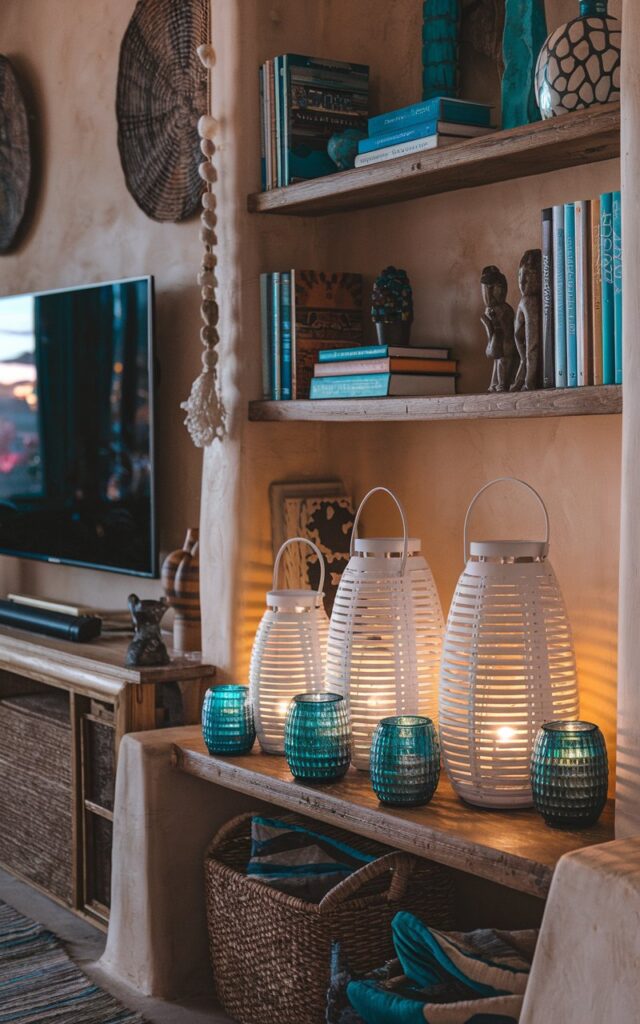A photo of a Southwestern and shabby chic style living room at night time. The room has eclectic, relaxed charm and layered textures. There's a wooden shelf near the TV with 2-3 white lanterns mixed with 3 blue ribbed glass votives. These lanterns and votives have light inside them. The shelf is surrounded by carefully arranged essentials, including books, a small sculpture, and other miscellaneous decorative items. The room has warm earthy tones, woven textiles, rustic wood accents, and pops of turquoise and blue. The lighting comes from the lanterns and candles.