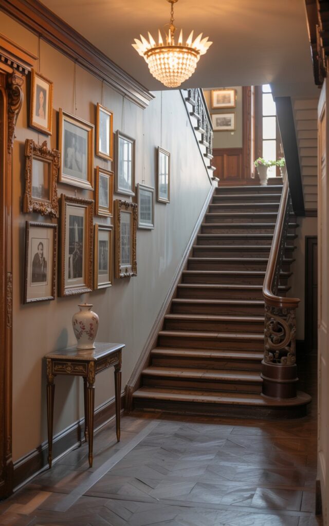 A photograph of a grand Victorian hallway with a sweeping staircase taking center stage. The staircase features intricately carved dark wood banisters leading upwards into soft shadow, while a gallery wall to the left displays a curated collection of framed family photos and art prints in ornate gold and silver frames. Below the gallery wall rests a small antique mahogany console table with a single elegant porcelain vase, illuminated by the warm glow of a crystal chandelier suspended from the high ceiling. Dust motes dance in the light, enhancing the hallway’s cozy yet sophisticated atmosphere.