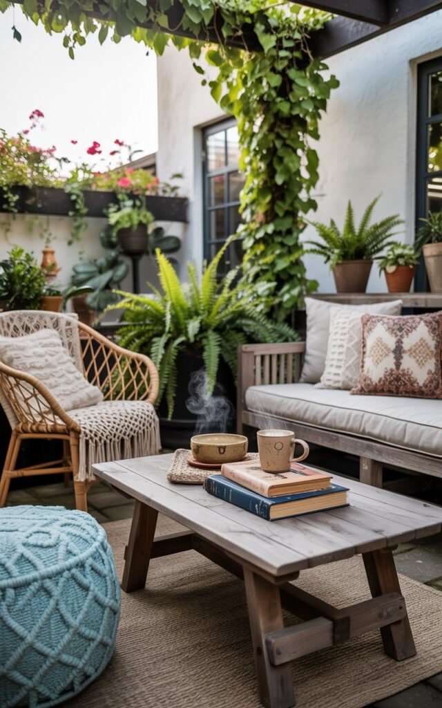 A photograph of a boho-chic patio centered around a weathered wooden coffee table holding a stack of vintage books and a ceramic mug filled with steaming coffee.  Around the table are a mismatched collection of seating – a plush, turquoise pouf, a rattan chair draped with a macramé throw, and a rustic wooden bench adorned with patterned cushions, all facing the table. Overhead, a pergola draped with climbing ivy casts dappled sunlight onto the patio, while potted ferns and flowering vines add pops of green and color to the scene. The overall scene exudes a relaxed and inviting atmosphere, ideal for a leisurely afternoon.
