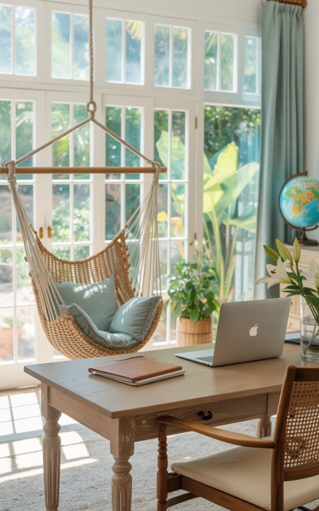 A photograph of a bright and airy home office blending California coastal and posh countryside aesthetics, with a woven hammock chair as the central focus. The chair is suspended from the ceiling near a large window, showcasing a view of lush greenery and inviting dappled sunlight to bathe the room. A light oak desk sits neatly below, adorned with a silver laptop, a stack of leather-bound notebooks, and a small vase holding white lilies, while a soft cream-colored rug anchors the space and a vintage globe rests in the corner. Soft blues, warm wood tones, and linen fabrics create a cozy and effortlessly stylish atmosphere, illuminated by the natural light filtering through the window.