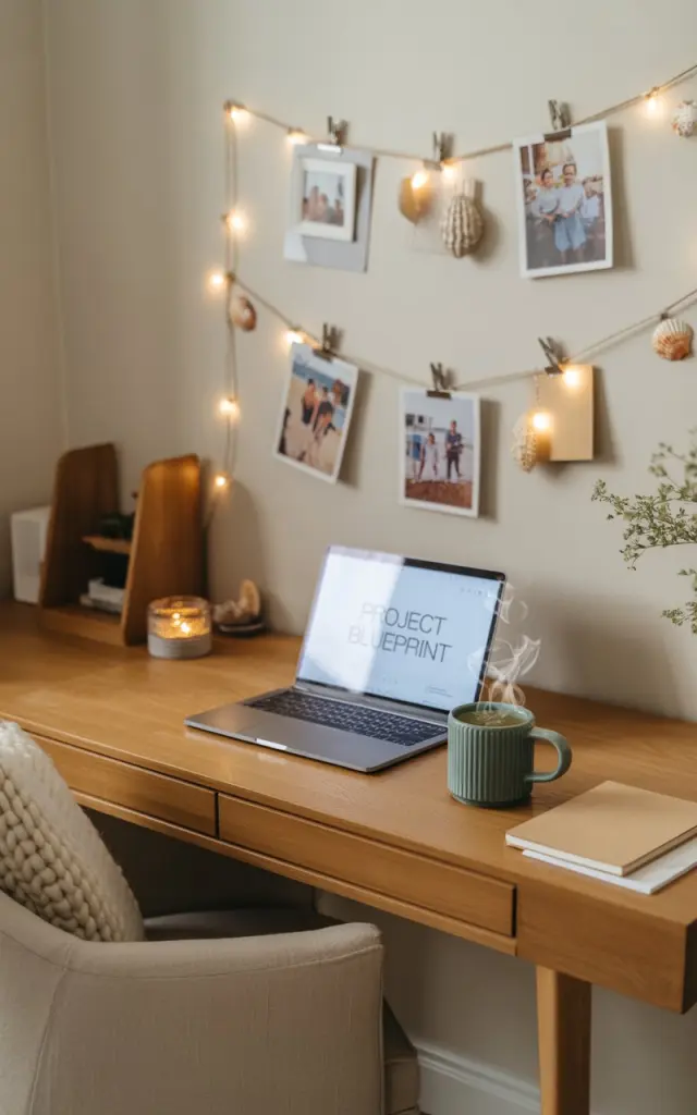 A photograph of a cozy California coastal-style home office, centered on a sleek, light wood desk. The desk holds a silver laptop displaying "PROJECT BLUEPRINT" along with a stack of cream-colored notebooks and a calming teal ceramic mug filled with steaming herbal tea. Above the desk, a gallery wall showcases 3 stringed photo clip displays adorned with family photos, small seashells, and warm fairy lights, softly illuminating the room with a gentle glow. The space is anchored by a comfortable linen chair with a soft, chunky knit throw blanket, all contributing to an inviting and personalized workspace.