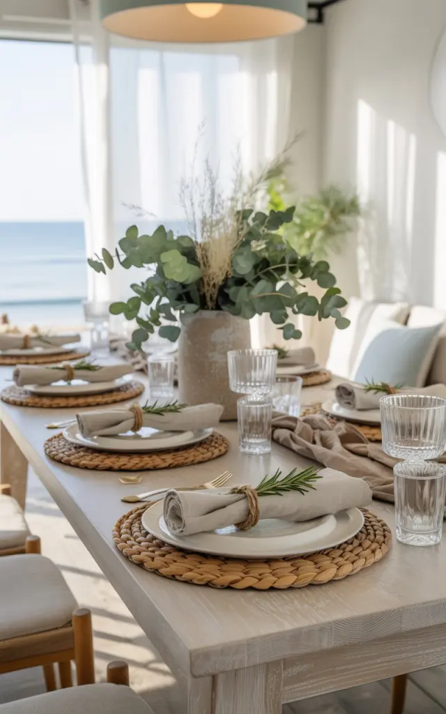 A bright coastal-style dining room photograph showcasing an elegant whitewashed wooden table set for a relaxed seaside meal. Soft beige linen napkins are artfully tied with rustic hemp twine and adorned with fresh rosemary sprigs, arranged alongside crisp white ceramic dinnerware, crystal-clear glassware, and natural woven seagrass placemats. The table's centerpiece features a tall ceramic vase filled with flowing eucalyptus branches and dried sea grass, while a modern pendant light with warm illumination hangs overhead. Gentle ocean breeze flows through sheer white curtains, casting dancing shadows across light oak floors, with soft powder blue accent pillows and weathered driftwood details completing the serene coastal atmosphere.