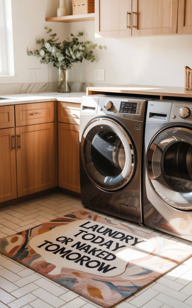 A photograph of a bright and stylish laundry room bathed in soft, filtered sunlight. A plush, patterned rug with the playful quote "Laundry today or naked tomorrow" sits centered beneath a modern washing machine and dryer set. Warm-toned, wood cabinetry with sleek brushed nickel hardware lines the walls, complemented by a herringbone-tiled floor adding a subtle texture. A vase of fresh eucalyptus rests on a nearby shelf, enhancing the cozy, lived-in feel of the space.