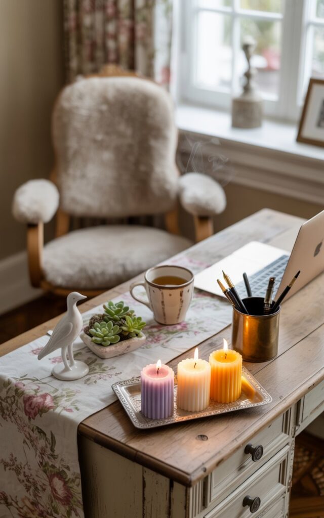 A photograph of a cozy French country home office, centered around a weathered wooden desk. The desk holds a small silver tray displaying three scented candles—lavender purple, creamy vanilla, and bright citrus—alongside a cluster of tiny succulents, a delicate porcelain sculpture of a bird, and a brushed brass pen holder filled with antique fountain pens. A muted floral patterned linen runner drapes across the desk, complementing a vintage laptop and a ceramic mug filled with steaming tea, while a plush, cream-colored ergonomic chair with a matching footrest sits nearby. Soft natural light streams through a nearby window, illuminating the distressed wood furniture and creating a warm, inviting atmosphere with subtle floral wallpaper visible in the background.