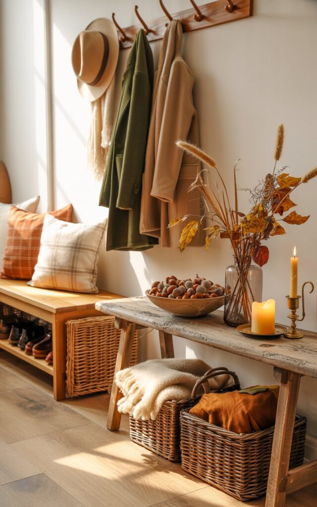 A warm, cottagecore-style hallway interior photograph showcasing charming fall decorations and rustic wooden furnishings. A weathered wooden console table displays seasonal treasures including a ceramic bowl filled with glossy acorns, a glass vase holding dried wheat stalks and amber-colored leaves, and a flickering beeswax candle in a vintage brass holder. A simple wooden bench with soft plaid cushions in rust and cream sits beside a woven rattan shoe rack, while wooden wall hooks above display a wide-brimmed straw hat, wool coats in forest green and camel, and a delicate cream scarf. Natural sunlight streams through a nearby window, casting gentle shadows across the honey-colored wood floors and illuminating two wicker baskets filled with neatly folded woolen blankets in earthy autumn hues.