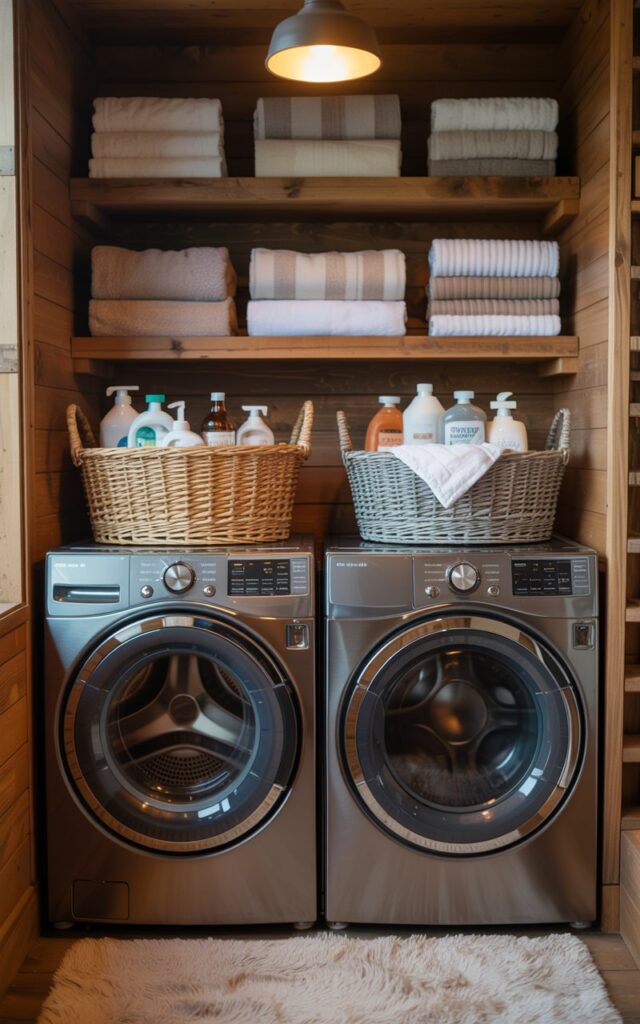 A photograph of a meticulously organized laundry room showcasing a modern side-by-side washer and dryer. The appliances are a sleek stainless steel, and stacked on top are two woven baskets—one a natural beige, the other a soft gray—overflowing with neatly arranged detergents and fabric softeners.  Rustic wooden shelves line the back wall, displaying folded towels in calming neutral tones, while a plush cream-colored rug softens the floor beneath the machines. Warm overhead lighting from a simple pendant lamp illuminates the space, creating a cozy and inviting atmosphere.
