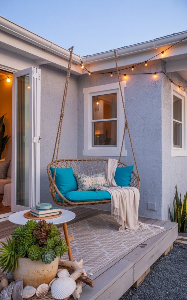 A photograph of a cozy coastal-boho patio attached to a light-grey stucco home, bathed in the soft glow of twilight. A woven rattan swing chair, draped with vibrant turquoise cushions and a cream-colored throw blanket, occupies a corner of the patio, gently swaying as if recently occupied. The patio floor is light-toned wood decking with a small round table holding a stack of books and a ceramic vase filled with lush succulents, accented by scattered seashells and driftwood. Warm string lights are draped overhead, casting a soft amber glow on the neutral-toned rug with a subtle geometric pattern, creating a relaxed and inviting atmosphere.