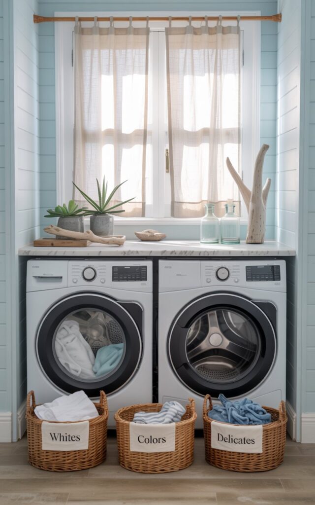 A photograph showcases a bright and airy coastal chic laundry room, centered on a modern white front-loading washer and dryer. Three small woven baskets, neatly labeled “whites,” “colors,” and “delicates” are arranged on the light wooden floor beside the machines, their natural fibers contrasting against the clean white appliances. Sunlight filters through sheer linen curtains on a small window, illuminating soft blue walls, a white marble countertop with a few succulents in glass jars, and driftwood accents that create a serene and stylish atmosphere. The overall scene is illuminated with soft, diffused light, creating a calming and organized space that exudes coastal charm.
