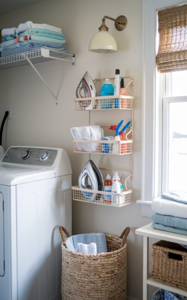 A photo of a coastal chic-style laundry room with a 2-tier wall-mounted caddy for ironing supplies. The caddy is attached to the wall beside a washer and dryer. There is a woven basket, a curtained window, and folded towels in the room. The lighting is soft and ambient.