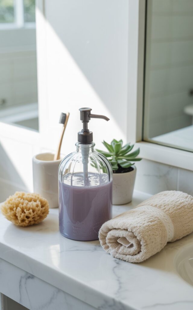 A lifestyle photograph of a coastal-style bathroom counter featuring a vintage glass bottle with a pump dispenser filled with lavender-colored liquid soap as the centerpiece. The weathered glass bottle sits alongside a small white ceramic toothbrush holder, a natural sea sponge, and a neatly rolled cream-colored hand towel, all arranged on a pristine white marble countertop with subtle gray veining. Soft, diffused natural light streams through a nearby window, casting gentle shadows across the scene and illuminating a small potted jade succulent positioned near the edge of the counter. The composition embodies a clean, minimal aesthetic with an airy, serene atmosphere characteristic of coastal living photography.