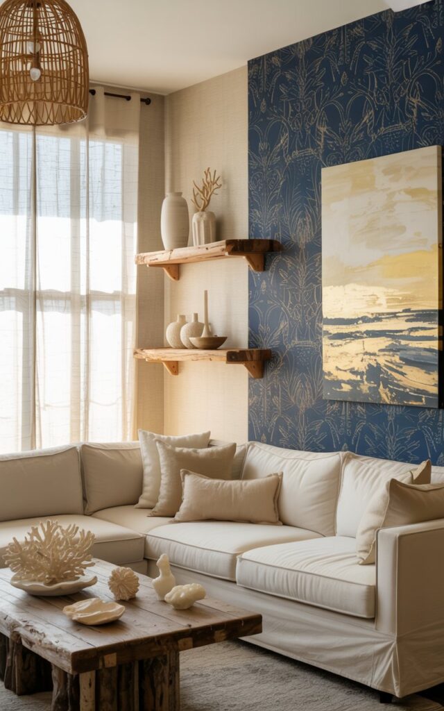 A photograph of an elegant coastal-style open concept living room with one dramatic navy blue accent wall featuring an intricate botanical wallpaper pattern and a large abstract seascape painting in gold and cream tones. The remaining walls are covered in subtle cream linen-textured wallpaper, while a plush ivory sectional sofa with natural linen throw pillows faces a weathered driftwood coffee table adorned with coral sculptures and sea glass accents. Woven rattan pendant lights hang above, complementing floating shelves made of reclaimed wood that display ceramic vases and coastal treasures. Sheer white curtains filter soft golden sunlight through large windows, creating an airy atmosphere that balances the room's relaxed elegance with the bold visual drama of the statement wall.