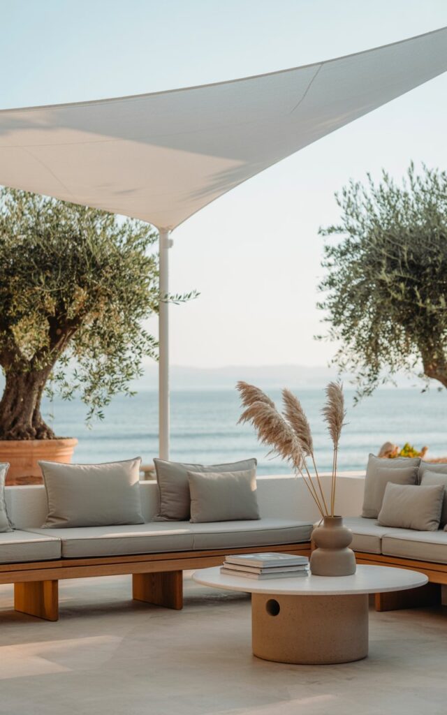 A photograph of a minimalist coastal patio bathed in soft morning light. The patio features a crisp white canopy sail suspended above a low-profile teak seating area with dove-grey cushions and a circular coffee table holding a stack of design magazines and a single ceramic vase with pampas grass. Lush olive trees in terracotta pots flank the seating, leading to a blurred view of the turquoise ocean beyond. The overall scene exudes a tranquil and sophisticated atmosphere, inviting relaxation and effortless style.