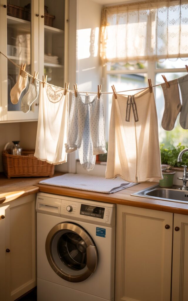 A photograph of a charming cottagecore laundry room, bathed in soft natural light. A weathered wooden clothesline stretches diagonally across the corner, adorned with delicately patterned socks, linen shirts, and vintage handkerchiefs secured by charming wooden clips. Below, a classic washing machine with a porcelain finish sits beside cream-colored cabinetry with antique brass hardware. The background features a glimpse of a sunlit garden through a lace-curtained window, adding a touch of pastoral beauty.