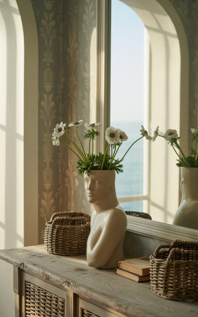 A photograph of a hallway interior bathed in the soft glow of morning light. A beautifully sculpted vase, resembling a graceful female form, stands prominently on a weathered wooden console table, adorned with a delicate arrangement of fresh white anemone stems. Woven seagrass baskets and a stack of antique books sit alongside the vase, their textures complementing the rough-hewn console and the subtly patterned wallpaper in muted coastal tones. A large arched window frames a glimpse of the ocean beyond, casting gentle shadows that enhance the serene and inviting atmosphere.