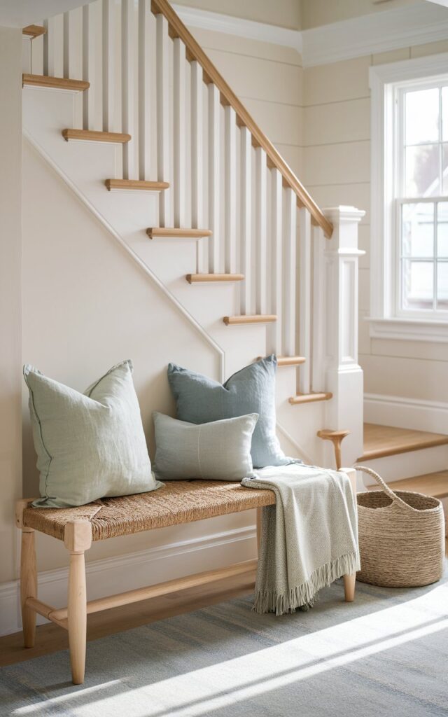 A photo of a coastal-style hallway with a cottagecore aesthetic. There is a staircase with a small, light wood bench near the landing. The bench has a woven rattan seat and is topped with soft linen cushions in muted coastal tones—cream, sage, and sky blue. A cozy throw blanket is draped casually over one side, and a woven basket sits nearby for storage. The staircase has white risers, natural wood treads, and soft sunlight streams through a nearby window, creating a breezy, inviting space that feels both charmingly rustic and effortlessly coastal.