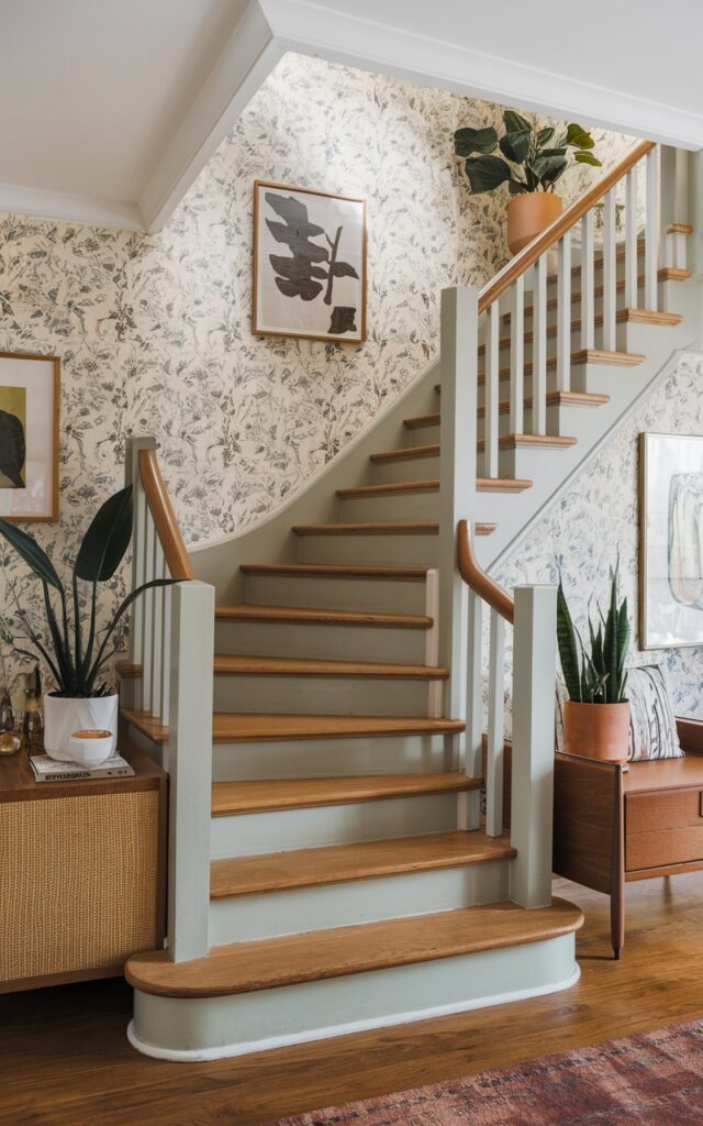 A photo of a living room with a cottagecore and mid-century modern style. There is a staircase with contrasting treads and risers. The treads are made of warm natural wood, while the risers are painted in a soft cream or sage tone. The staircase has clean mid-century lines. The living room features floral wallpaper, woven accents, linen cushions, vintage art, and plants. The room also has sleek furniture and retro lighting.
