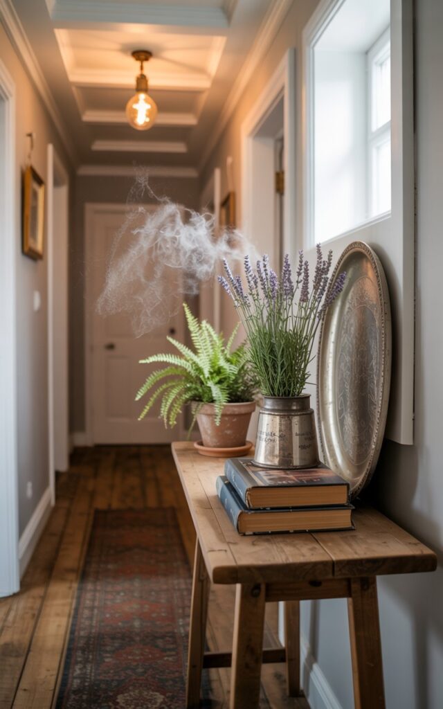A photograph of a narrow hallway styled in a cottagecore aesthetic, centered around a beautifully decorated console table. The table, crafted from reclaimed wood, holds a collection of vintage books, a weathered silver tray displaying sprigs of lavender, and a small terracotta pot containing a thriving fern, all arranged with purposeful charm. The hallway features a coffered ceiling with a warm Edison bulb pendant light and wide-plank wooden flooring partially covered by a faded Persian runner, while natural light streams in from a nearby window illuminating dust motes dancing in the air. Soft, diffused light enhances the textures and creates a cozy, inviting atmosphere.