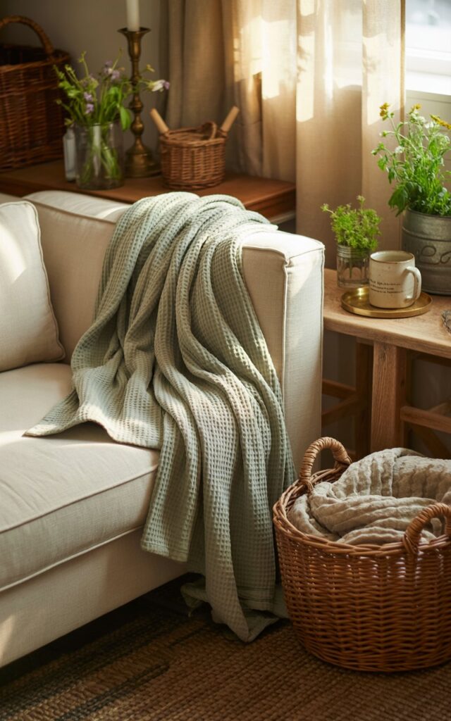 A warm cottagecore-style living room photograph featuring a plush cream sofa casually draped with a sage green waffle-weave throw that cascades naturally over one arm. The sofa is positioned beside a rustic oak side table holding a ceramic mug and small potted herbs, while a woven rattan basket filled with soft wool blankets sits tucked beneath the seating area. Fresh wildflowers in mason jars, vintage brass candlesticks, and handwoven baskets are scattered throughout the space, creating an authentic lived-in charm. Soft, diffused sunlight filters through linen curtains at a nearby window, casting gentle shadows and illuminating floating dust motes in the golden afternoon air.