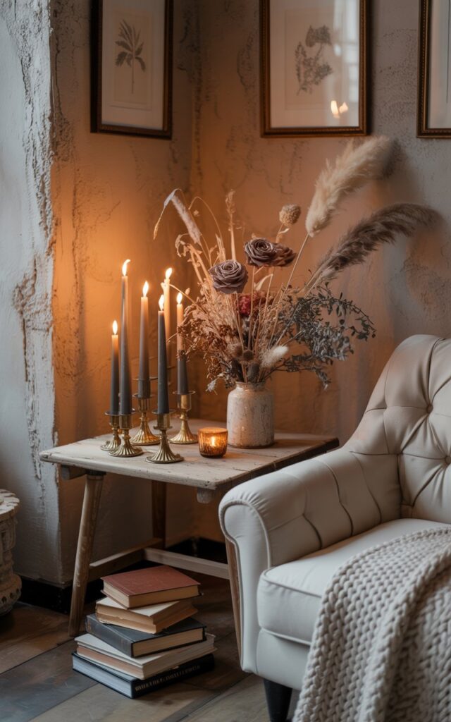 A cottagecore-style living room photograph with soft, moody lighting that creates an intimate and slightly mysterious atmosphere. In one corner, a weathered wooden side table displays an elegant arrangement of tall black taper candles in ornate brass holders, their flickering flames casting dancing shadows on the textured plaster walls. A delicate ceramic vase holds dried florals in muted autumn tones—dusty rose stems, feathery pampas grass, and weathered seed pods—creating a romantic yet melancholic display. The cozy nook is completed by a cream-colored tufted armchair draped with a chunky knitted throw, a stack of leather-bound books resting on the floor nearby, and framed botanical prints adorning the walls, all bathed in golden candlelight that evokes old-world charm and autumn moodiness.