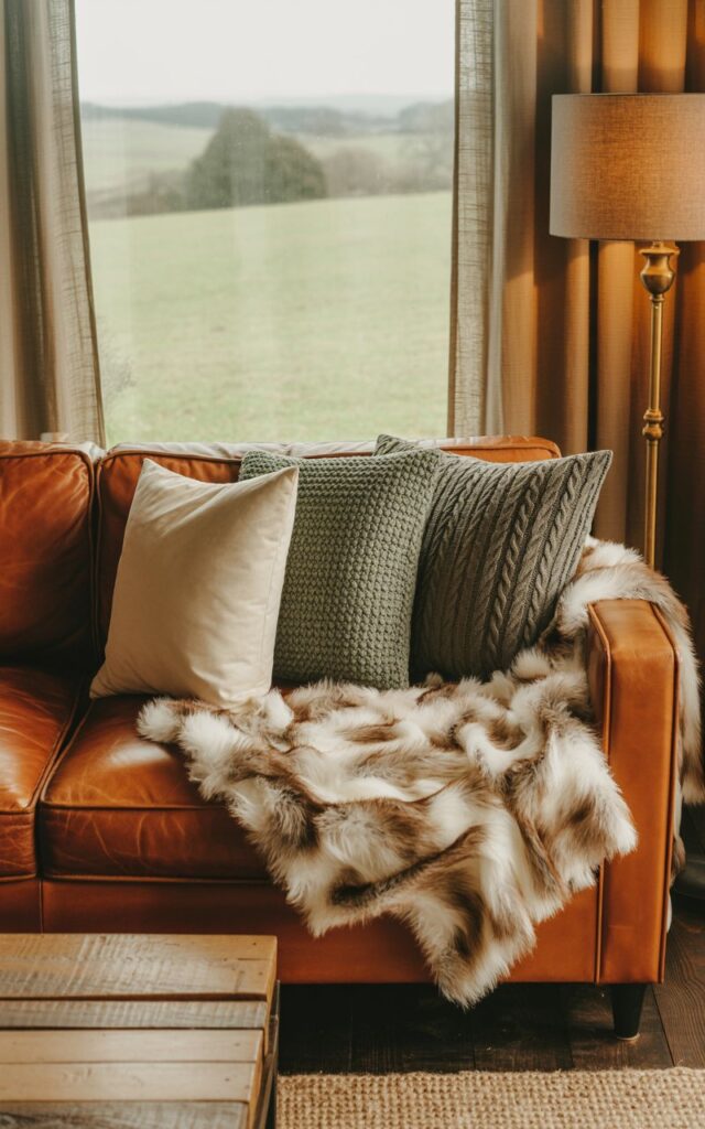 A photograph of a countryside-style living room featuring a worn leather sofa in rich cognac brown, adorned with three textured cushions in cream velvet, sage green bouclé, and charcoal cable-knit fabric. A luxurious faux fur throw in ivory cascades over one arm of the sofa, creating visual contrast against the weathered leather and mixed textile patterns. The scene includes a reclaimed wood coffee table with visible grain patterns, a brass floor lamp with a linen shade casting a warm glow, and linen curtains framing a window that reveals rolling green hills and distant trees. Soft natural light filters through the window while warm amber lighting from the lamp creates a cozy atmosphere, highlighting the earthy palette of terracotta, sage, and cream tones throughout the rustic space.