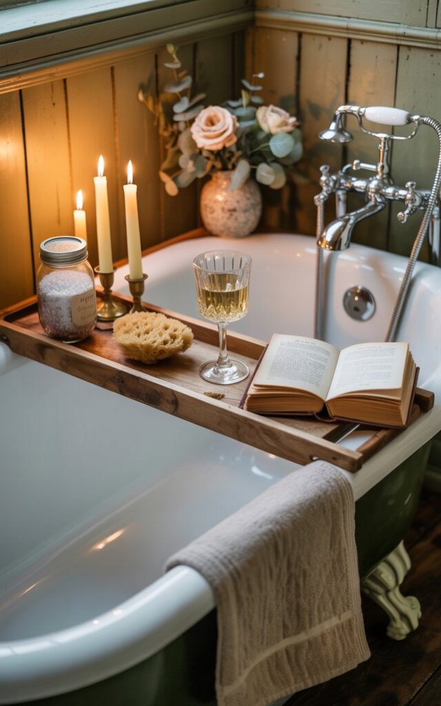 A photograph of a vintage clawfoot bathtub in a cozy English countryside bathroom, featuring a rustic wooden cutting board stretched across the tub's rim as an elegant bathtub tray. The wooden tray holds flickering ivory candles in brass holders, a crystal wine glass filled halfway with golden white wine, and an open leather-bound book with cream-colored pages, accompanied by a natural sea sponge and a mason jar filled with lavender-scented Epsom salts. Soft, warm candlelight bathes the scene in amber tones, highlighting the antique brass fixtures and cream-painted wooden paneling, while a ceramic vase of fresh garden roses and eucalyptus sits nearby alongside a neatly folded oatmeal linen towel. The atmosphere captures the essence of slow countryside living with gentle shadows dancing across weathered wooden floorboards and vintage porcelain details.