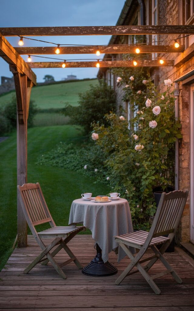 A photograph of a weathered wooden patio nestled within the idyllic English countryside at dusk. A small, round table draped with a linen tablecloth sits center, adorned with two steaming teacups and a plate of scones. Warm café lights, strung delicately through a rustic wooden pergola overhead, illuminate the scene with a gentle amber glow, creating a sense of inviting intimacy.  Beyond the patio, a lush green lawn slopes gently down to a stone wall overgrown with climbing roses, completing a timeless and peaceful scene.