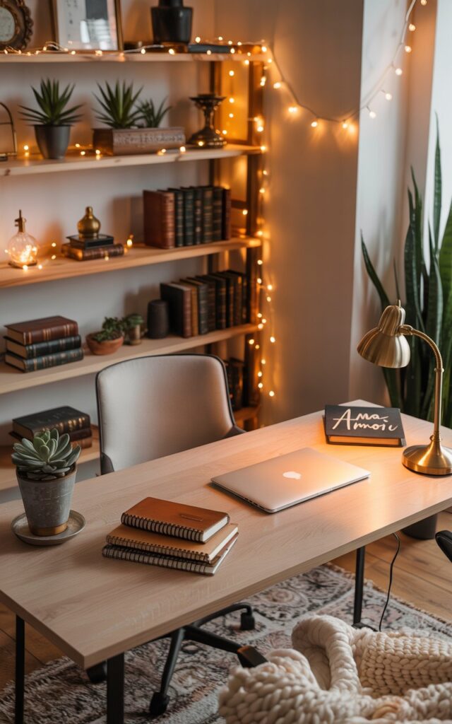 A photograph of a serene Scandi-inspired home office bathed in the warm glow of fairy lights. A sleek, light-wood desk sits center, holding a silver laptop, a stack of leather-bound notebooks, and a minimalist brass desk lamp illuminating "Amor" written in elegant script on a nearby coaster. The room is anchored by wooden shelves adorned with potted succulents, antique books, and vintage brass accents, while a textured wool rug and a cozy cream-colored throw blanket add depth to the light wood floors. Soft, diffused lighting emanates from the fairy lights and lamp, creating an intimate and inviting ambiance.