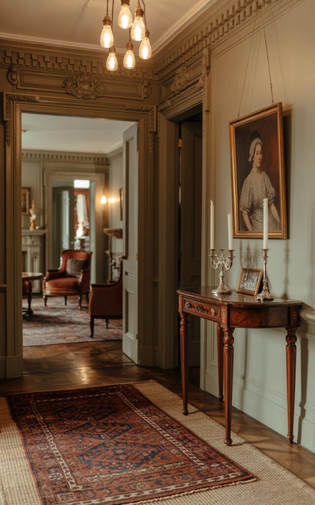 A photograph of an elegantly furnished Victorian hallway leading towards a softly lit living room. A richly patterned Persian rug with deep reds and golds covers a natural sisal base, adding warmth and texture to the polished hardwood floor. An antique mahogany console table sits against the wall, displaying a silver candlestick holder and a framed portrait of "Lady Eleanor," while ornate moldings and a cluster of Edison bulb pendant lights from the false ceiling create a cozy, inviting ambiance. The walls are painted a muted sage green, and a glimpse of velvet armchairs in the living room hints at further comforts beyond.