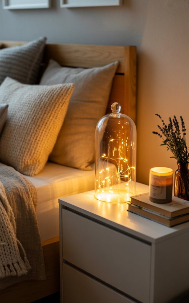 A cozy bedroom at night with a warm, dreamy atmosphere. On a nightstand beside the bed, a clear glass cloche holds softly glowing fairy lights, their golden hue casting gentle reflections on the nearby surfaces. The nightstand also features a stack of books, a ceramic candle, and a small vase with dried flowers or lavender. The bed beside it is layered with textured linens, a knitted throw, and plush pillows in neutral or muted tones. Ambient light from the fairy lights creates a serene, magical glow throughout the space. The overall aesthetic is warm, calming, and slightly whimsical — perfect for a peaceful night-time retreat.