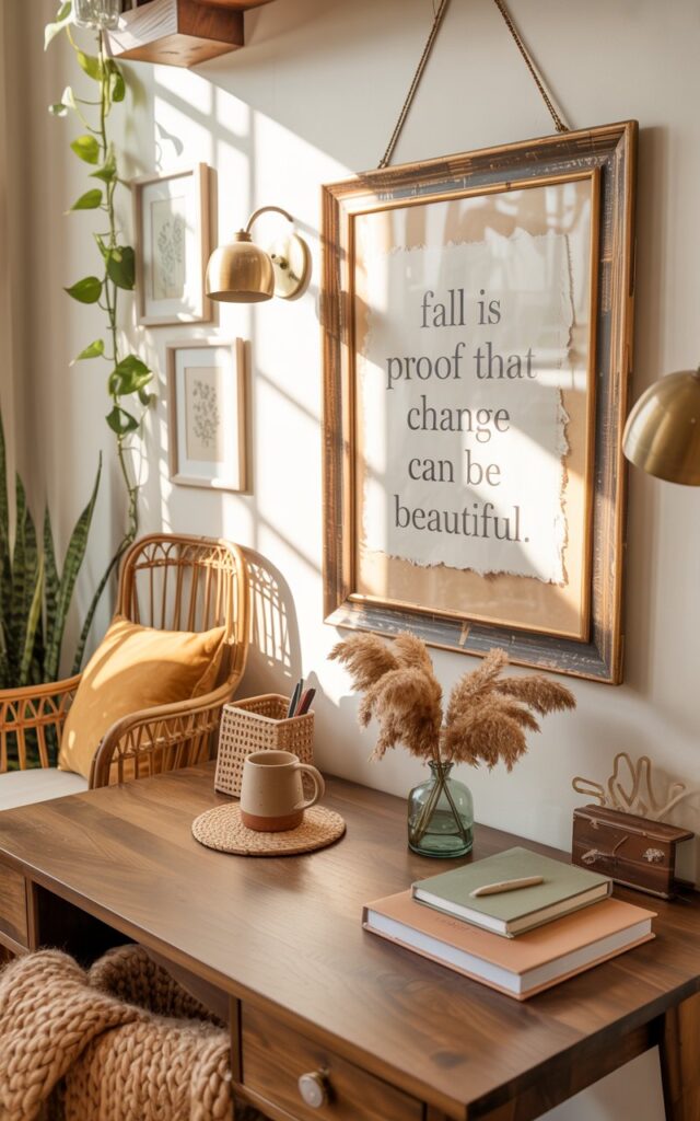 A photograph of a cozy boho-alpine home office bathed in warm golden natural light streaming through unseen windows. Above a rich walnut wooden desk hangs a weathered gold frame with aged patina, displaying the elegant serif quote "Fall is proof that change can be beautiful" printed on textured cream parchment paper. The desk showcases carefully curated bohemian elements: a woven rattan pen holder, a ceramic mug in earthy terracotta, a small glass vase filled with feathery dried pampas grass, and a stack of linen-covered notebooks in sage green and dusty rose. A rattan accent chair with plush cushions sits beside the desk, draped with a chunky knit throw in warm oatmeal, while vintage botanical prints and brass wall sconces complement the subtle floral wallpaper and cascading pothos plants.