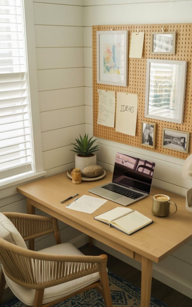 A photograph showcases a serene coastal chic home office nestled within a bedroom corner. A light oak desk sits flush against a white shiplap wall, holding a silver laptop, two open linen-covered notebooks, a ceramic mug filled with steaming coffee, and a small potted succulent. Above the desk, a natural wood pegboard displays a curated arrangement of framed watercolor art prints, handwritten notes with “Ideas” scrawled across them, and a few vintage black and white photos, all beneath a soft, diffused light from a nearby window. A patterned blue and cream rug anchors the space, while a comfortable cream-colored armchair with woven detailing completes the scene, creating a warm and inviting atmosphere.