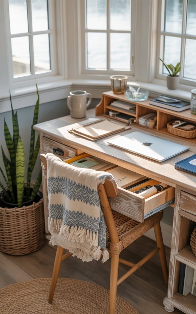 A cozy coastal + rustic home office tucked near a small bay window. From Inside the desk drawer, a soft, patterned throw blanket is neatly tucked, ready for chilly mornings or cozy reading breaks. The desk itself holds essentials like a laptop, notebooks, organiser, a ceramic mug, and a small plant. Natural textures—weathered wood, woven baskets, and linen accents—blend with coastal tones of sandy beige, soft blues, and whites. Sunlight streams gently through the bay window, highlighting the cozy, lived-in feel of the space.