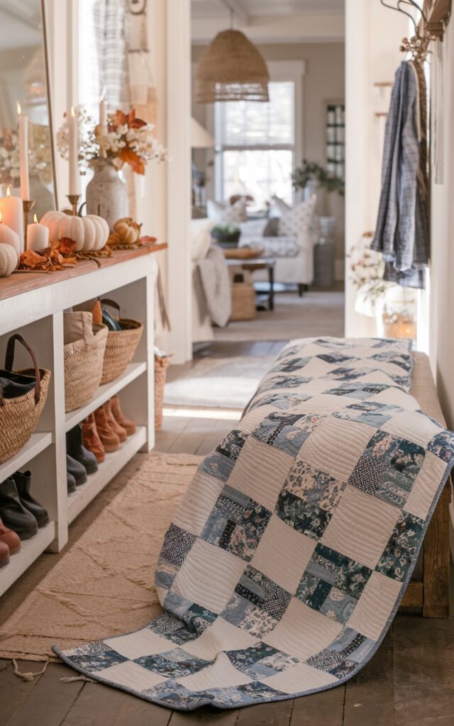 A photo of a cozy cottagecore and farmhouse-style hallway leading into a warm, inviting living room. The focus is on a beautifully draped blue-and-white quilt with a unique patchwork pattern resting over a wooden bench. The hallway includes a console table styled with fall decor — small white pumpkins, candles, and dried florals — along with practical touches like a shoe rack, woven baskets, and wall hooks holding coats and scarves. Soft natural light filters in, casting a gentle glow over the textured fabrics and rustic details. The overall mood feels welcoming, lived-in, and effortlessly charming.