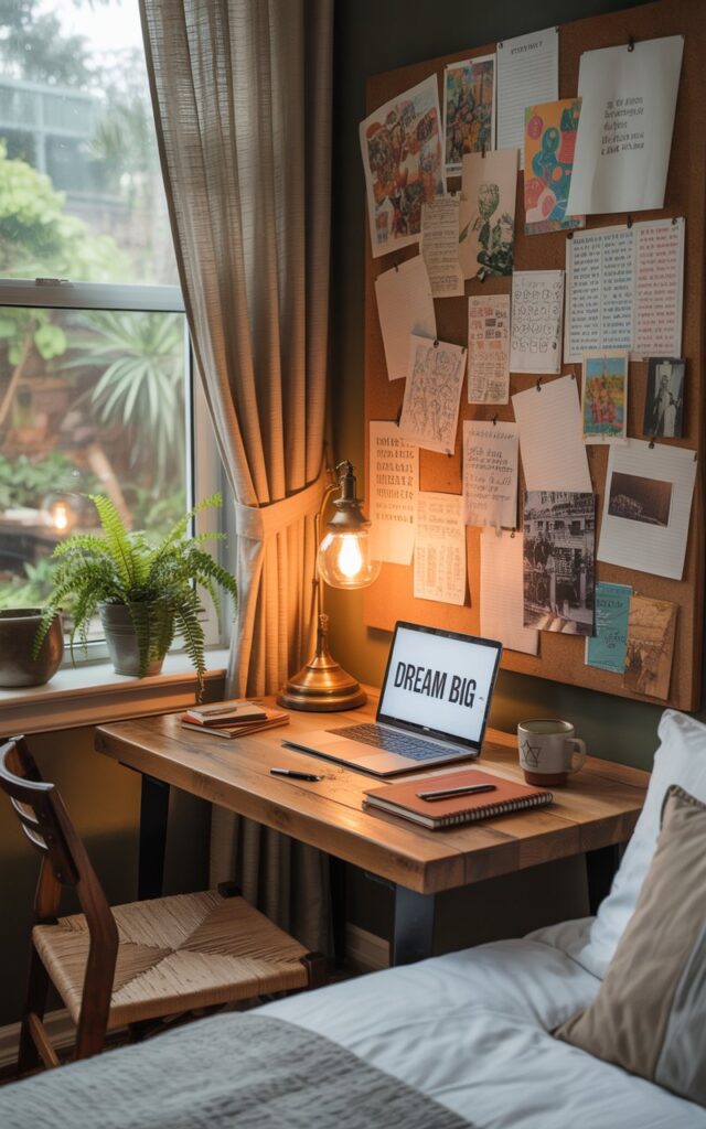 A photograph of a cozy home office nook nestled beside a neatly made bed, bathed in the warm glow of a vintage desk lamp. The desk, crafted from reclaimed wood, features a sleek metal frame and holds a silver laptop displaying "DREAM BIG" alongside a stack of leather-bound notebooks and a steaming ceramic mug. A cork wall above the desk is densely populated with colorful doodles, handwritten notes, and a few faded postcards, creating a vibrant and personalized workspace. Soft linen curtains frame a window overlooking a tranquil garden, while a potted fern rests on the windowsill, completing the inviting and eclectic scene.