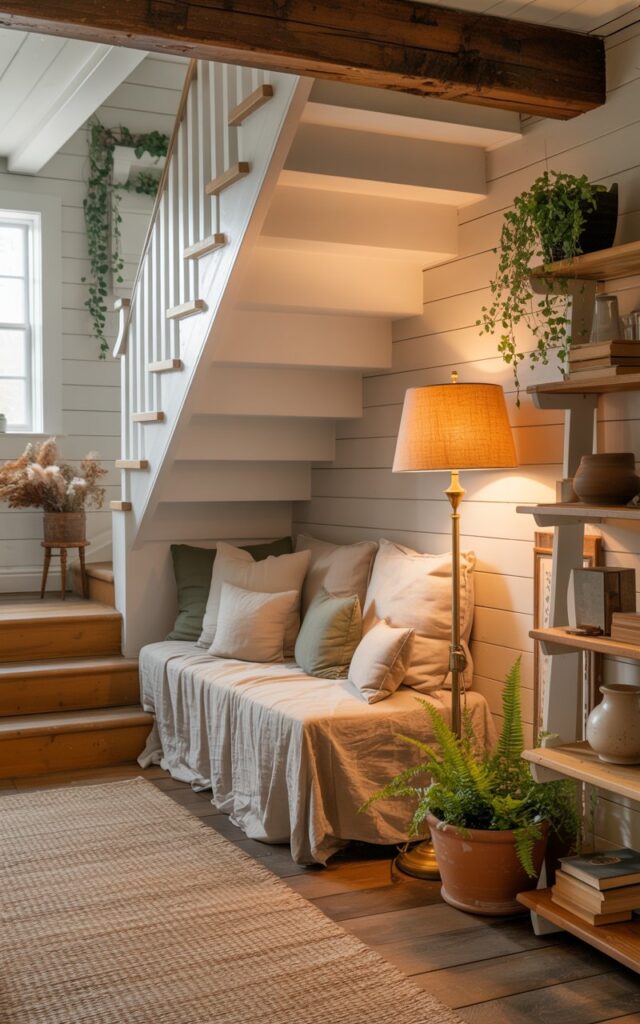 A photograph of a charming hallway blending cottagecore and modern farmhouse aesthetics, featuring a cozy reading nook nestled beneath natural wood stairs with crisp white risers. The built-in seating area showcases a plush, linen-upholstered bench with soft cream and sage green cushions, perfectly fitted under the staircase's slanted ceiling, accompanied by a brass floor lamp with a warm fabric shade casting golden light. The space is adorned with woven jute rugs, terracotta planters filled with trailing ivy and ferns, and vintage wooden shelves displaying ceramic pottery and well-loved books. Soft natural light filters through nearby windows, highlighting the rustic wood beams, shiplap walls painted in warm white, and dried flower arrangements that complete this inviting, lived-in atmosphere.