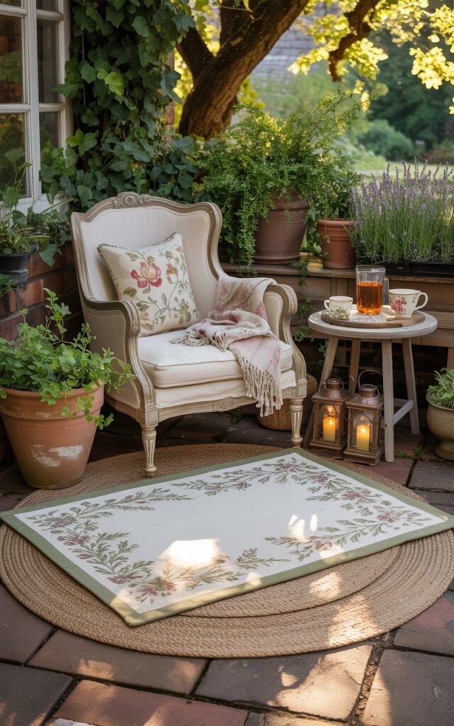 A photograph of a cozy cottagecore patio centered around a weathered, cream-colored armchair adorned with soft, floral cushions. The chair sits atop a layered arrangement of outdoor rugs – a large neutral jute rug serving as the base, overlaid with a smaller rug featuring a delicate botanical pattern in muted greens and browns. Surrounding the chair are terracotta pots overflowing with trailing ivy and lavender, while a small wooden side table holds a vintage ceramic teacup filled with steaming tea, and a woven throw blanket is casually draped over the chair’s arm. Warm sunlight filters through the branches of a nearby oak tree, casting dappled shadows across the patio stones and illuminating a few antique lanterns softly glowing with candlelight.